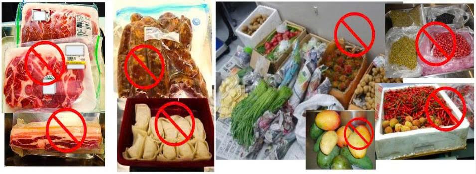 Không được mang theo thịt, thuỷ sản, các chế phẩm từ thịt thuỷ sản, rau củ, trái cây, hạt giống hoặc các sản phẩm tươi sống